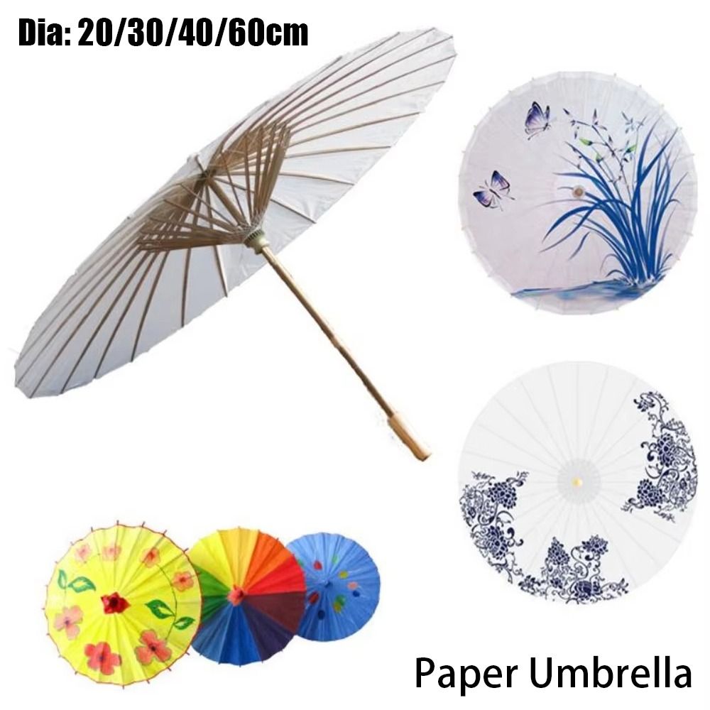Photography Umbrella - 1個入り 直径20/30/40/60cm 紙傘 伝統的な白いDIY手作り絵画用品 無地の長柄写真撮影用小道具