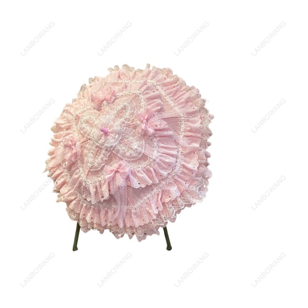 Photography Umbrella - 手作りのピンクの花柄ハート型レースパラソル ミニ西洋風装飾傘 ウェディングティーパーティー写真撮影用小道具