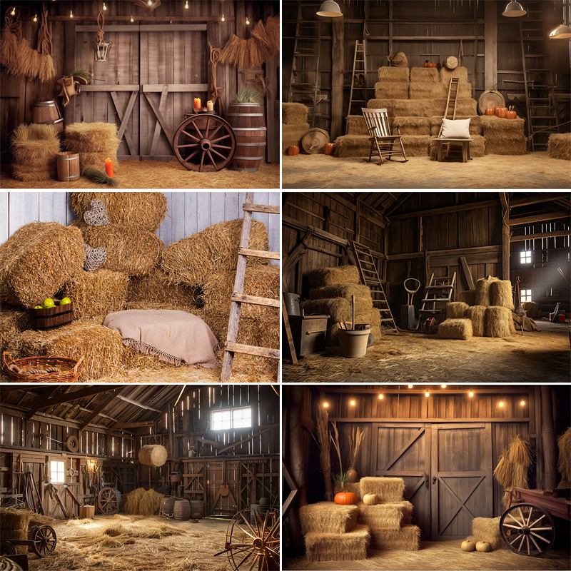 Photography Backdrop Muslin - 田舎の西洋カウボーイの魅力素朴な納屋のドアの写真撮影の背景干し草の俵ホイールキャンドルファーム背景 CO-03