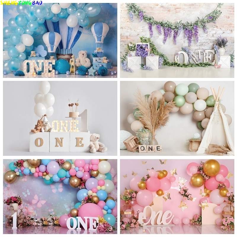 Photography Backdrop Muslin - ピンクゴールドバルーンガール最初の誕生日パーティー背景スイートワンフラワーバタフライベビーシャワーケーキスマッシュ写真撮影の背景