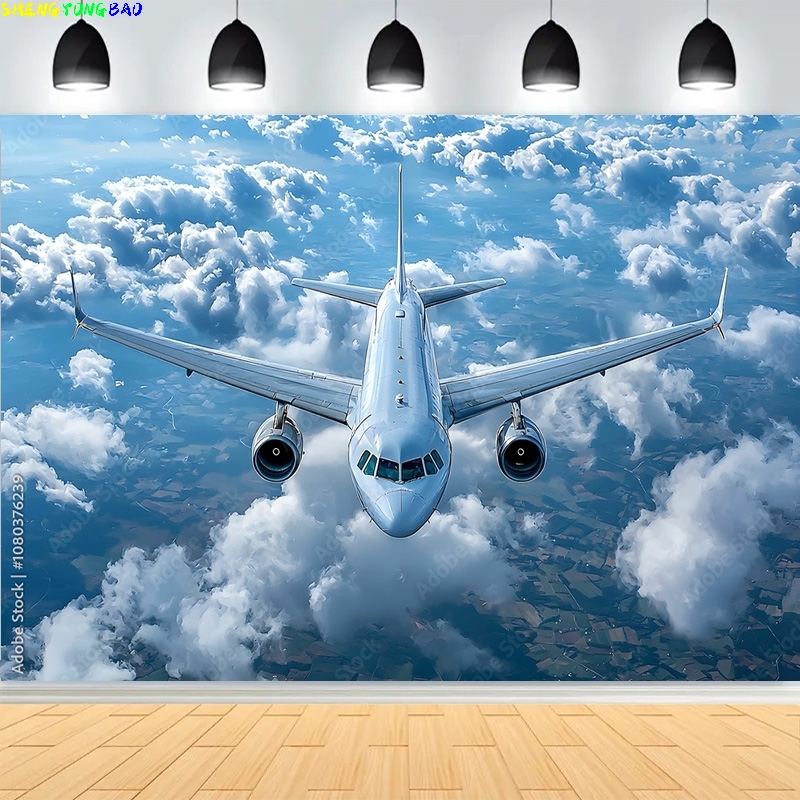 青空雲飛行機誕生日パーティー写真撮影の背景ベビー大人ポートレ - Photography Backdrop Muslin のレビューと価格