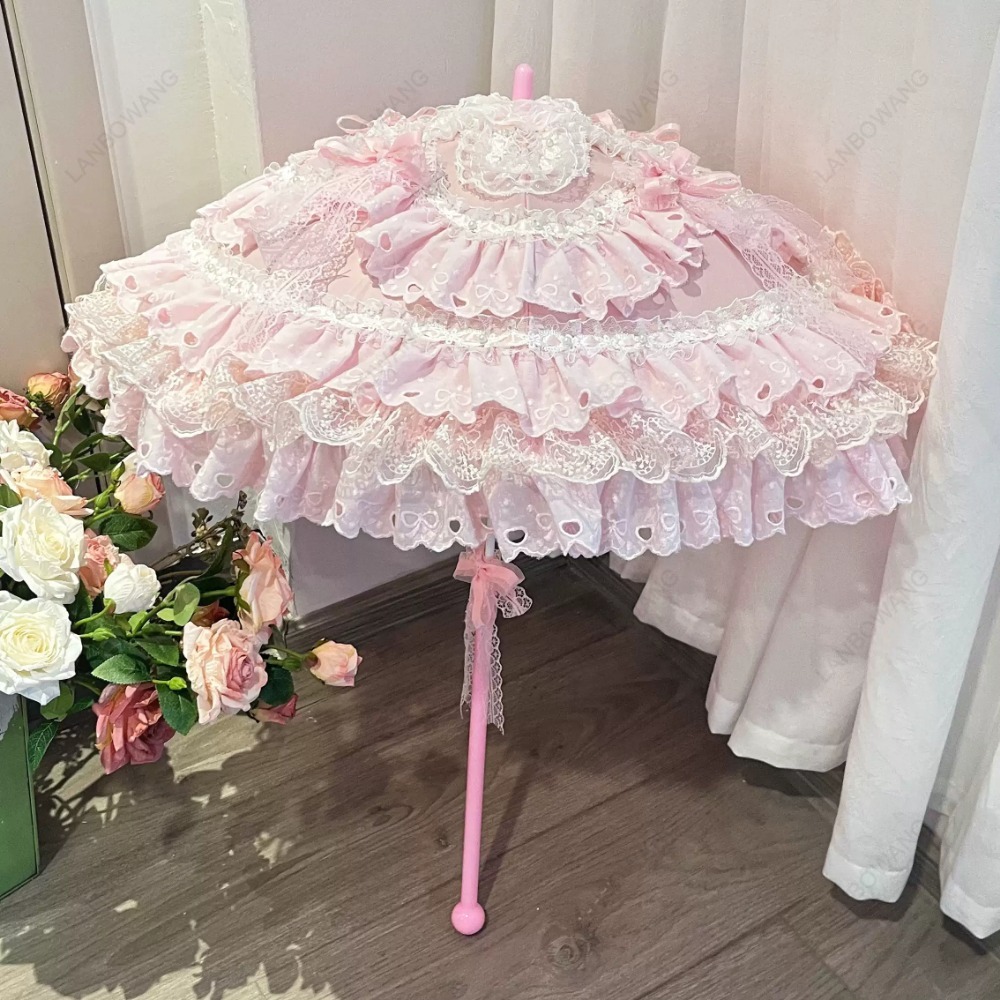 手作りのピンクの花柄ハート型レースパラソル ミニ西洋風装飾傘 - Photography Umbrella のレビューと価格
