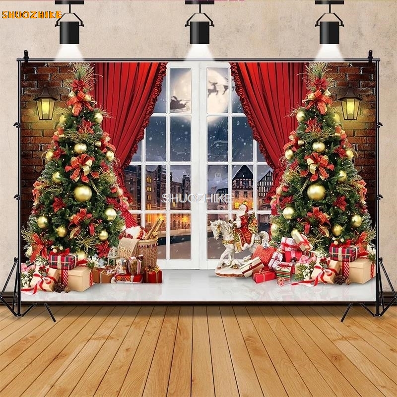 Shuozhike-クリスマスツリーの花の花輪写真の背景、窓 - Photography Backdrop Muslin のレビューと価格