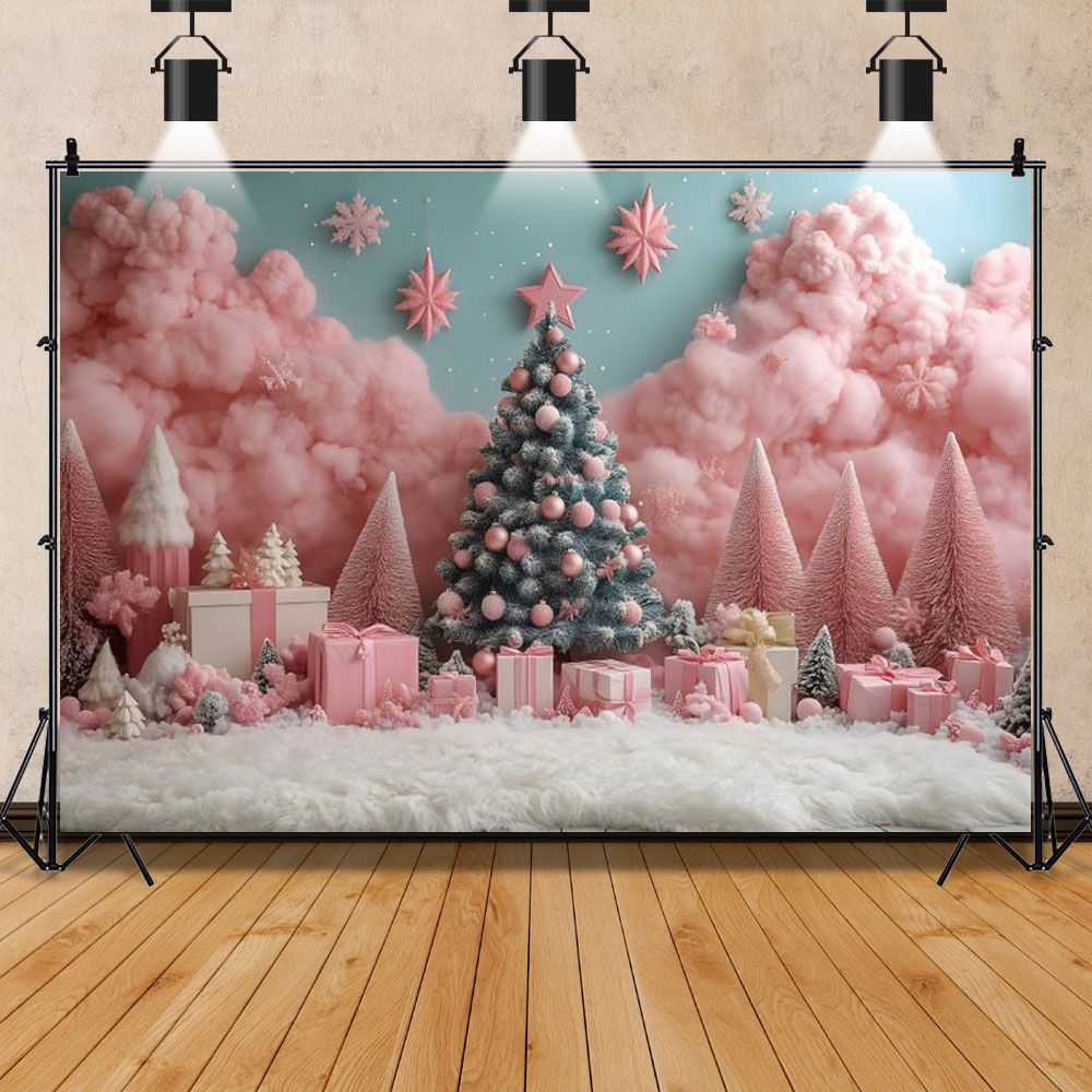 ピンクのクリスマステーマの写真撮影の背景クリスマスツリースタ - Photography Backdrop Muslin のレビューと価格