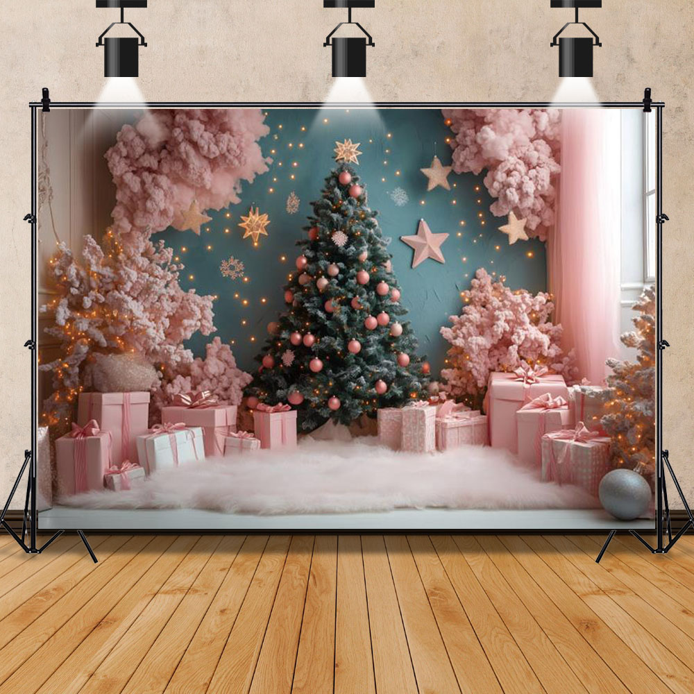 ピンクのクリスマステーマの写真撮影の背景クリスマスツリースタ - Photography Backdrop Muslin のレビューと価格
